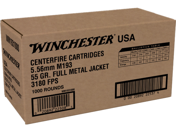 Winchester USA Ammunition 5.56x45mm NATO 55 Grain M193 Full Metal Jacket Value Pack