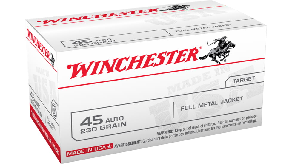 Winchester USA HANDGUN .45 ACP (Auto Ammo) 230 grain Full Metal Jacket Brass Cased Centerfire Pistol Ammunition 500 ROUNDS